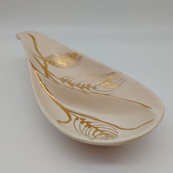 By Eve Gold Floral Shallow Dish Bowl Spoon Holder Pink Ceramic Handmade Vintage - Picture 4 of 12